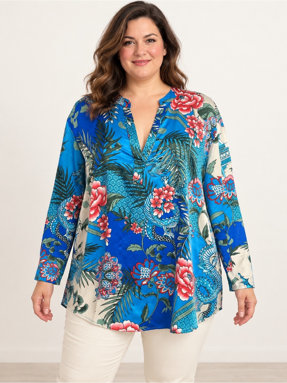 Natori XL Blue Asian Dragon Floral Satin Stretch V-Neck Tunic Top